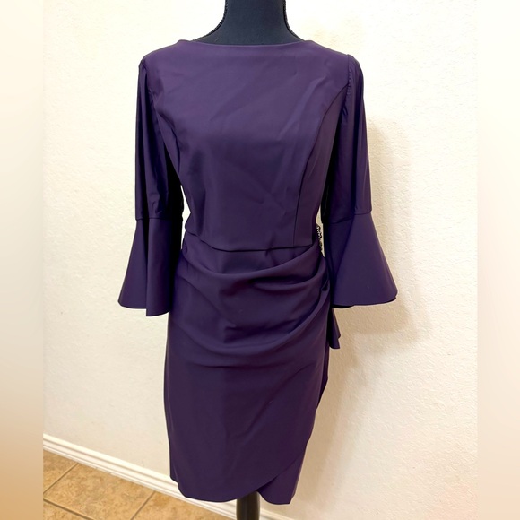 Alex Evenings Scuba Crepe Round Neck 3/4 Bell Sleeve Embellished Brooch - Picture 1 of 5